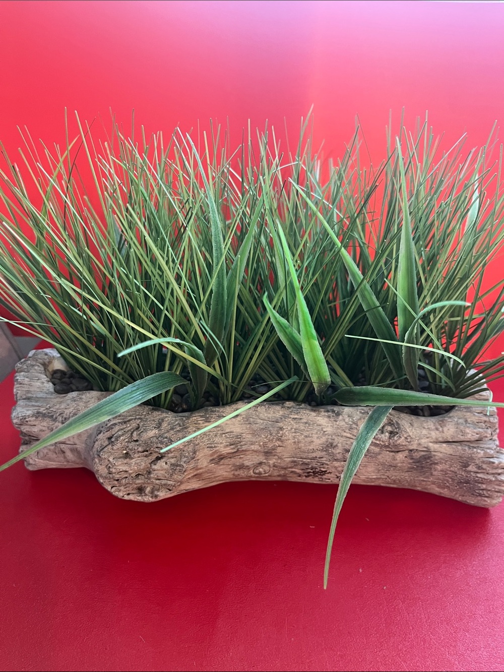 Rustic Driftwood Planter with Green Artificial Grass 12”L 9”H